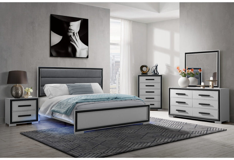 Amelia Grey-Black Bed With LED Dresser-Mirror And Nightstand