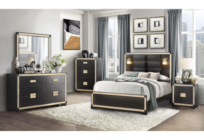 BLAKE BLACK/GOLD FULL BED WITH LAMPS, DRESSER, MIRROR, NIGHTSTAND
