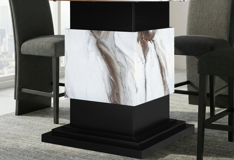 D12 BAR TABLE AND 4 D12 BROWN BAR STOOLS