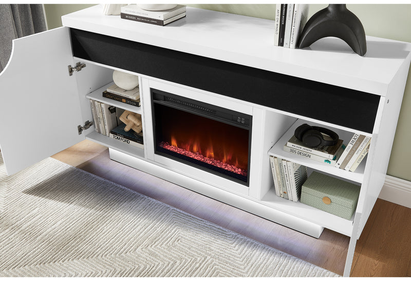 AILEEN WHITE 66" ENT UNIT W/LED, SPEAKERS, CRYSTAL AND POP-UP DOORS